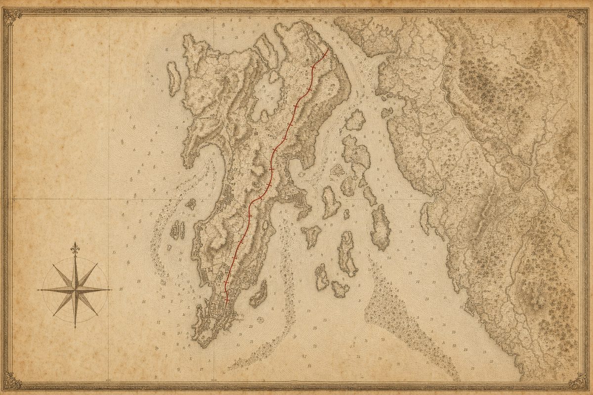 An 1850s-style engraved survey map of Bombay island, with the first railway line to Thane drawn in red