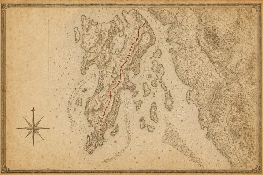 An 1850s-style engraved survey map of Bombay island, with the first railway line to Thane drawn in red